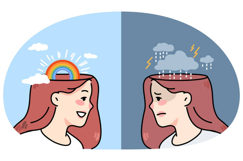 A cartoon image of a woman happy, and then sad, portraying bipolar disorder or depression.